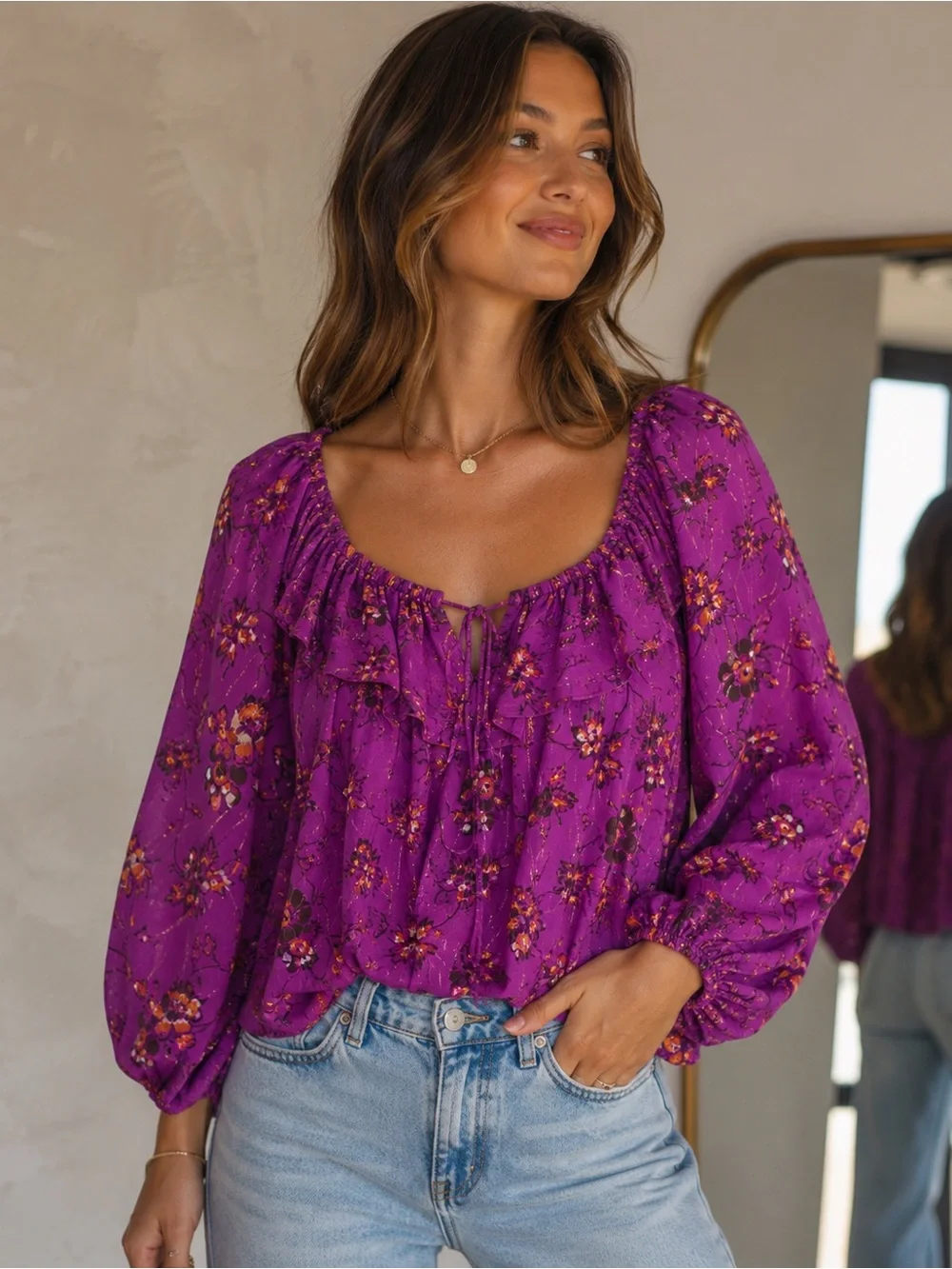 Ulla Johnson Silk Floral Peasant Blouse Purple Metallic Puff Sleeve Size 2